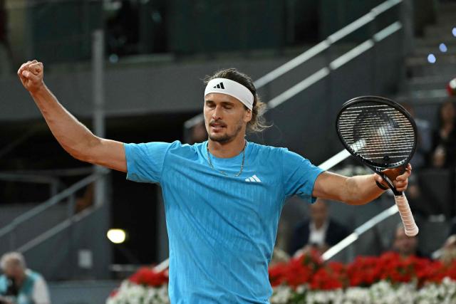 Germany's Alexander Zverev celebrates winning against Italy's Flavio Cobolli in their 2026 ATP Tour Madrid Open tennis tournament quarter-final singles match at the Caja Magica in Madrid, on April 30, 2026. (Photo by Javier SORIANO / AFP)