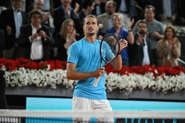 Germany's Alexander Zverev celebrates winning against Italy's Flavio Cobolli in their 2026 ATP Tour Madrid Open tennis tournament quarter-final singles match at the Caja Magica in Madrid, on April 30, 2026. (Photo by Javier SORIANO / AFP)