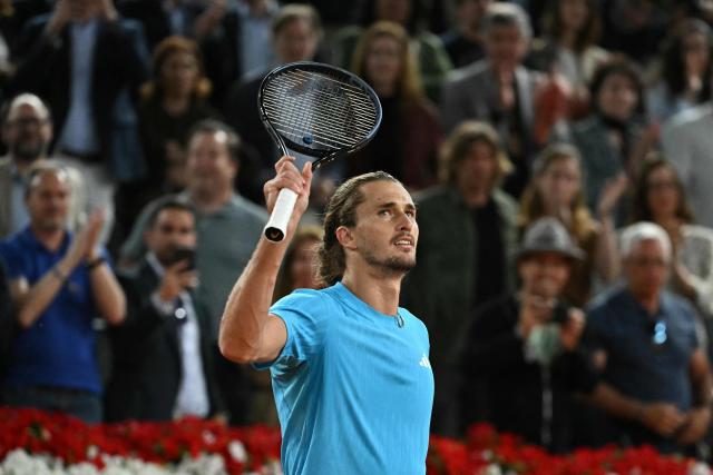 Germany's Alexander Zverev celebrates winning against Italy's Flavio Cobolli in their 2026 ATP Tour Madrid Open tennis tournament quarter-final singles match at the Caja Magica in Madrid, on April 30, 2026. (Photo by Javier SORIANO / AFP)