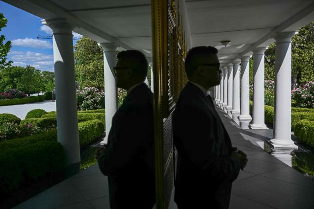 The newly installed black granite flooring is pictured in The West Wing Colonnade of the White House in Washington, DC on April 30, 2026. (Photo by Brendan SMIALOWSKI / AFP)