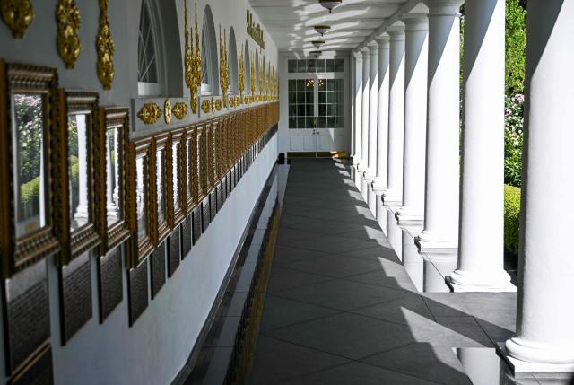 The newly installed black granite flooring is pictured in The West Wing Colonnade of the White House in Washington, DC on April 30, 2026. (Photo by Brendan SMIALOWSKI / AFP)