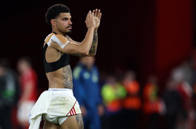 Nottingham Forest's English midfielder #10 Morgan Gibbs-White applauds the fans following the UEFA Europa League semi-final first-leg football match between Nottingham Forest and Aston Villa at The City Ground in Nottingham, central England, on April 30, 2026. (Photo by Darren Staples / AFP)