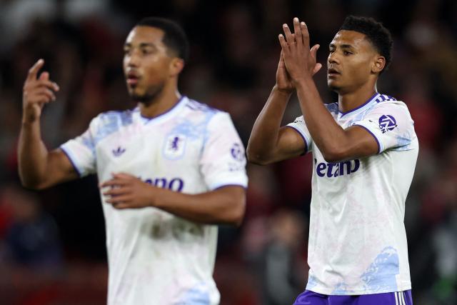 Aston Villa's Belgian midfielder  #08 Youri Tielemans (L) and Aston Villa's English striker #11 Ollie Watkins applauds the fans following the UEFA Europa League semi-final first-leg football match between Nottingham Forest and Aston Villa at The City Ground in Nottingham, central England, on April 30, 2026. (Photo by Darren Staples / AFP)
