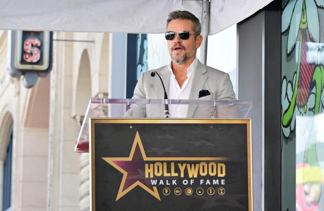 US actor Matt Damon speaks during the unveiling ceremony of US-British actress Emily Blunt and US actor Stanley Tucci's adjoining stars at the Walk of Fame in Hollywood, California on April 30, 2026. (Photo by Frederic J. BROWN / AFP)