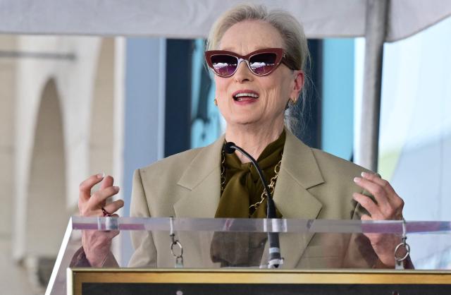 US actress Meryl Streep speaks during the unveiling ceremony of US-British actress Emily Blunt and US actor Stanley Tucci's adjoining stars at the Walk of Fame in Hollywood, California on April 30, 2026. (Photo by Frederic J. BROWN / AFP)