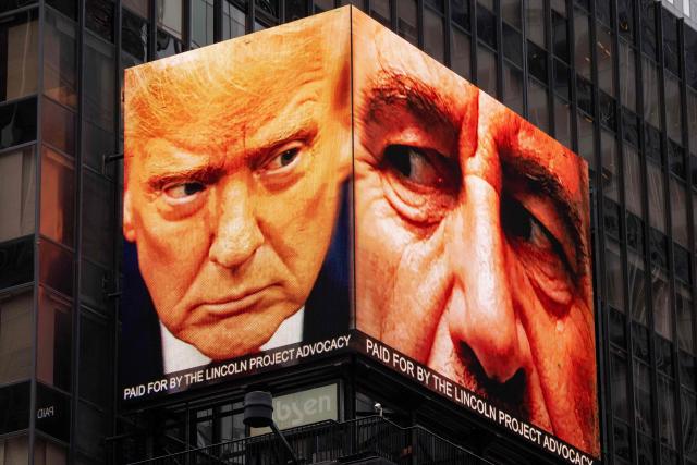 A digital billboard, paid for by The Lincoln Project Advocacy, shows images of US President Donald Trump (L) and late convicted sex offender Jeffrey Epstein in Times Square in New York City on April 30, 2026. The US Justice Department's internal watchdog said Thursday it will investigate its compliance with a law mandating the release of millions of pages of documents in the case of sex offender Jeffrey Epstein. (Photo by Adam GRAY / AFP)