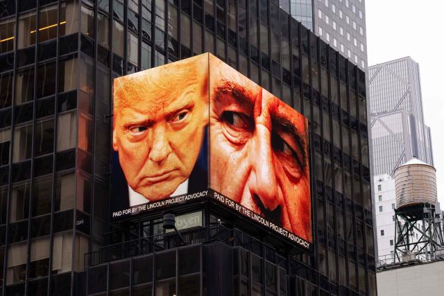 A digital billboard, paid for by The Lincoln Project Advocacy, shows images of US President Donald Trump (L) and late convicted sex offender Jeffrey Epstein in Times Square in New York City on April 30, 2026. The US Justice Department's internal watchdog said Thursday it will investigate its compliance with a law mandating the release of millions of pages of documents in the case of sex offender Jeffrey Epstein. (Photo by Adam GRAY / AFP)