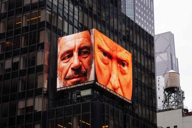A digital billboard, paid for by The Lincoln Project Advocacy, shows images of US President Donald Trump (R) and late convicted sex offender Jeffrey Epstein in Times Square in New York City on April 30, 2026. The US Justice Department's internal watchdog said Thursday it will investigate its compliance with a law mandating the release of millions of pages of documents in the case of sex offender Jeffrey Epstein. (Photo by Adam GRAY / AFP)