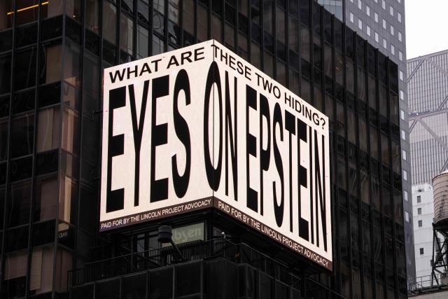 A digital billboard, paid for by The Lincoln Project Advocacy, reads "eyes on Epstein", in reference to convicted sex offender Jeffrey Epstein, in Times Square in New York City on April 30, 2026. The US Justice Department's internal watchdog said Thursday it will investigate its compliance with a law mandating the release of millions of pages of documents in the case of sex offender Jeffrey Epstein. (Photo by Adam GRAY / AFP)
