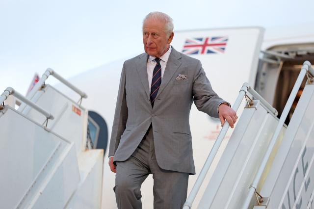 Britain's King Charles III arrives to the L.F. Wade International Airport in Hamilton, Bermuda, on April 30, 2026. King Charles III is in Bermuda for his first visit to a British Overseas Territory as Sovereign. (Photo by Chris Jackson / POOL / AFP)