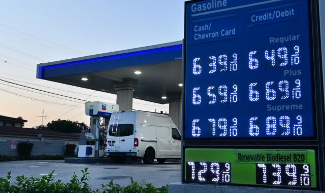 Gas prices above $6 per gallon are displayed at s Chevron station in Monterey Park, California, on April 30, 2026. Energy costs have surged since the near-total closure of the Strait of Hormuz, through which about a fifth of the world's oil and gas usually passes, following the outbreak of the US-Israeli war against Iran. (Photo by Frederic J. BROWN / AFP)