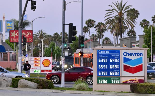 Gas prices above $6 per gallon are displayed at Chevron and Shell stations in Monterey Park, California, on April 30, 2026. Energy costs have surged since the near-total closure of the Strait of Hormuz, through which about a fifth of the world's oil and gas usually passes, following the outbreak of the US-Israeli war against Iran. (Photo by Frederic J. BROWN / AFP)