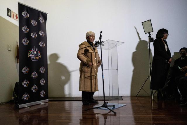 Antoinette Sithole, sister of Hector Pieterson and a figure in Sam Nzima’s iconic photograph of the June 16, 1976 Soweto Uprising, addresses attendees at the launch of “Finishing What Was Started”, an event reflecting on the legacy of the June 1976 generation and a call to action for today’s youth, at the Hector Pieterson Museum in Soweto on April 30, 2026. (Photo by EMMANUEL CROSET / AFP)