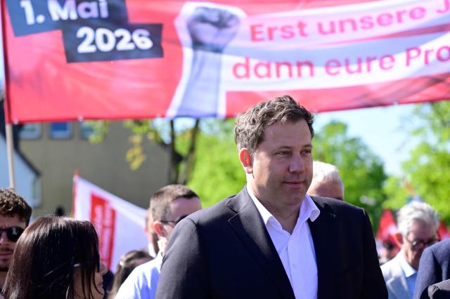 Chairman of the Germany's Social Democratic Party (SPD) and Vice-Chancellor Lars Klingbeil attends a May Day demonstration with the motto "together for good work" of trade union IGBCE (IG Mining, Chemistry, Energy) in Bergkamen, on May 1, 2026. (Photo by INA FASSBENDER / AFP)