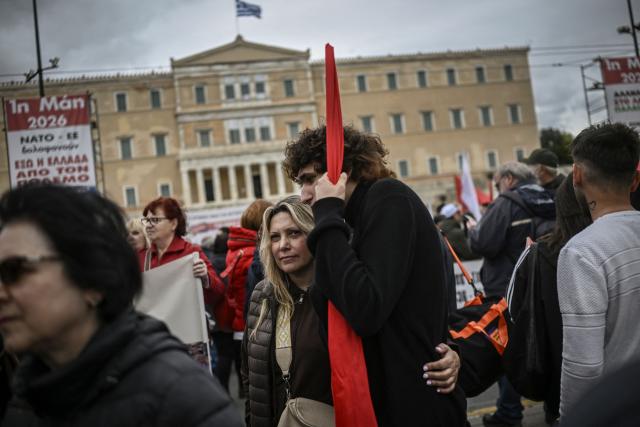 Demonstrators take part in a May Day (Labour Day) rally, marking international Workers' Day, in Athens on May 1, 2026. (Photo by Aris MESSINIS / AFP)