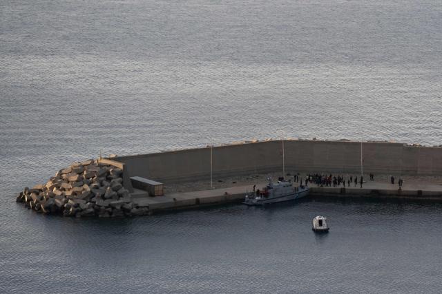 A Greek Coast Guard vessel carrying activists from the Global Sumud Flotilla, which had been intercepted by the Israeli Navy in international waters, arrives at the port of Atherinolakkos on the island of Crete, on May 1, 2026. (Photo by Eleftherios Elis MITZA / AFP)