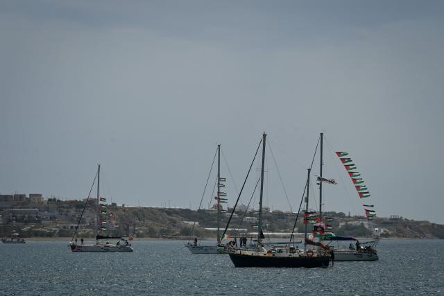 Vessels from the Global Sumud Flotilla, intercepted by the Israeli Navy in international waters, are moored off the coast of the ctown of Ierapetra, on the island of Crete, on May 1, 2026. (Photo by Eleftherios Elis MITZA / AFP)