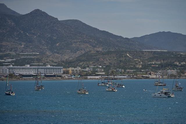 Vessels from the Global Sumud Flotilla, intercepted by the Israeli Navy in international waters, are moored off the coast of the ctown of Ierapetra, on the island of Crete, on May 1, 2026. (Photo by Eleftherios Elis MITZA / AFP)