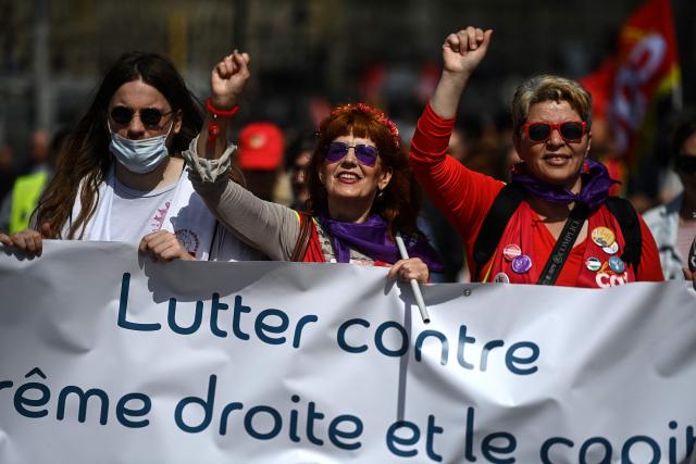 Protestors chant slogans during a May Day (Labour Day) rally, marking International Workers' Day, in Bordeaux, south-western France, on May 1, 2026. (Photo by Christophe ARCHAMBAULT / AFP)