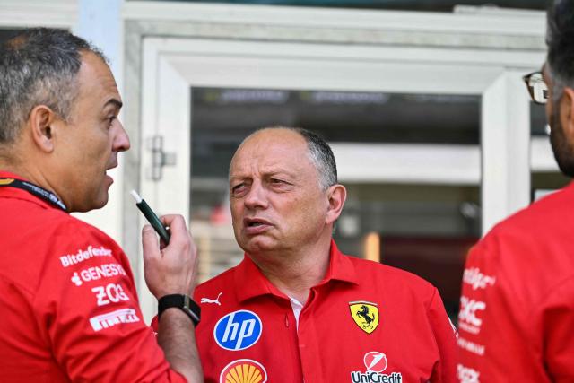Ferrari's French team principal Frederic Vasseur (C) looks on in the paddock ahead of a practice session for the 2026 Miami Formula One Grand Prix at Miami International Autodrome in Miami Gardens, Florida, on May 1, 2026. (Photo by CHANDAN KHANNA / AFP)