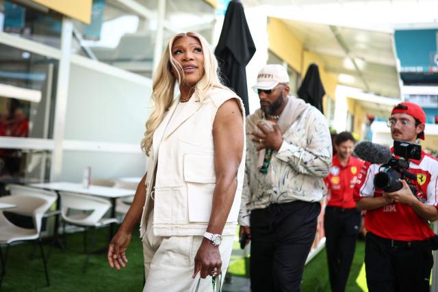 US former tennis player Serena Williams walks to the Ferrari hospitality area ahead of a practice session for the 2026 Miami Formula One Grand Prix at Miami International Autodrome in Miami Gardens, Florida, on May 1, 2026. (Photo by CHARLY TRIBALLEAU / AFP)