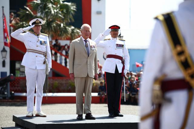 Britain's King Charles III attends a ceremonial welcome at King's Square in St. George's, Bermuda, on May 1, 2026. King Charles III is in Bermuda for his first visit to a British Overseas Territory as Sovereign. (Photo by Henry Nicholls / POOL / AFP)