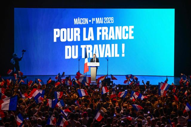 French far-right party Rassemblement National (RN) president Jordan Bardella delivers a speech during the "Fete de la nation" meeting in Macon on May 1, 2026. (Photo by OLIVIER CHASSIGNOLE / AFP)