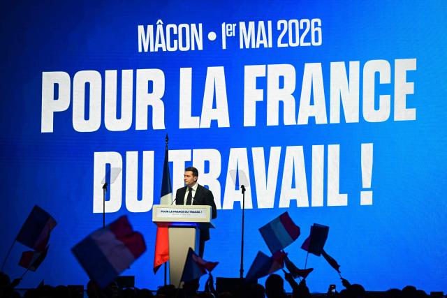 French far-right party Rassemblement National (RN) president Jordan Bardella delivers a speech during the "Fete de la nation" meeting in Macon on May 1, 2026. (Photo by OLIVIER CHASSIGNOLE / AFP)
