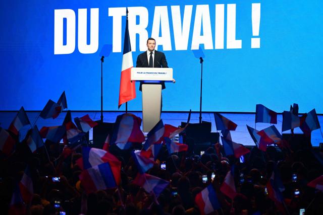 French far-right party Rassemblement National (RN) president Jordan Bardella delivers a speech during the "Fete de la nation" meeting in Macon on May 1, 2026. (Photo by OLIVIER CHASSIGNOLE / AFP)