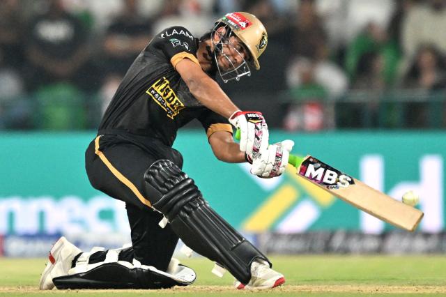 Hyderabad Kingsmen's Pakistan cricket player Saim Ayub plays a shot during the Pakistan Super League (PSL) Twenty20 second Eliminator match between Hyderabad Kingsmen and Islamabad United at the Gaddafi Stadium in Lahore on May 1, 2026. (Photo by Arif ALI / AFP)