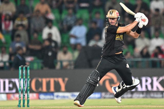 Hyderabad Kingsmen's captain Australia cricket player Marnus Labuschagne plays a shot during the Pakistan Super League (PSL) Twenty20 second Eliminator match between Hyderabad Kingsmen and Islamabad United at the Gaddafi Stadium in Lahore on May 1, 2026. (Photo by Arif ALI / AFP)