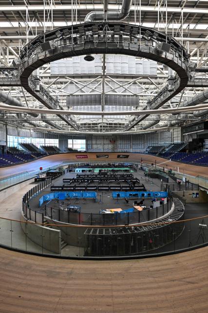 The Chris Hoy Velodrome, the cycling venue for the 2026 Commonwealth Games, is pictured during a media preview of the sites and venues for the 2026 Glasgow Commonwealth Games in the city of Glasgow, Scotland on April 30, 2026. (Photo by ANDY BUCHANAN / AFP)