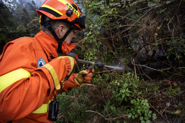 An ANPAS Volunteer fighter dampens down woodland on the edges of a wildfire in Faeta mount forest near Pisa province in Santa Maria del Giudice on May 1, 2026. Italian authorities evacuated some 3,500 people in its famed Tuscany region on May 1, 2026 as they try to tame a wildfire that has been raging for more than 24 hours. Over 800 hectares (nearly 2,000 acres) have been ravaged by the fire in the mountains between the historic cities of Lucca and Pisa. (Photo by Federico SCOPPA / AFP)