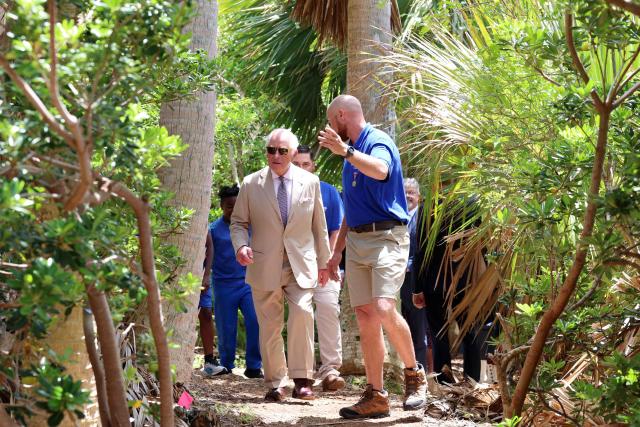 Britain's king Charles III walks through the Palmetto Forest during a visit to a ‘Living Classroom’ on Trunk Island on May 01, 2026 in Hamilton, Bermuda. King Charles III is in Bermuda for his first visit to a British Overseas Territory as Sovereign. (Photo by Chris Jackson / POOL / AFP)