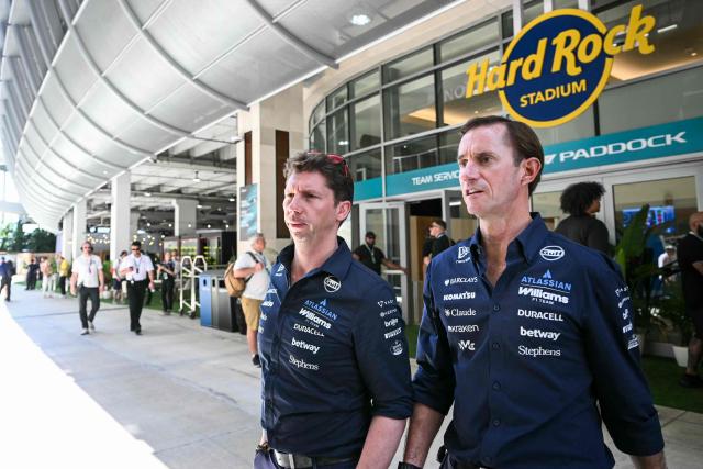 William's British team principal James Vowles (L) leaves the paddock and makes his way toward the garage before the start of a practice session for the 2026 Miami Formula One Grand Prix at Miami International Autodrome in Miami Gardens, Florida, on May 1, 2026. (Photo by CHANDAN KHANNA / AFP)