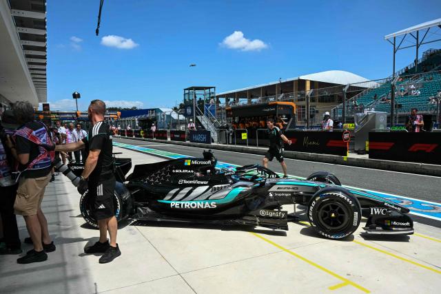 Mercedes' British driver George Russell pulls out of his garage in pit lane during a practice session for the 2026 Miami Formula One Grand Prix at Miami International Autodrome in Miami Gardens, Florida, on May 1, 2026. (Photo by CHANDAN KHANNA / AFP)