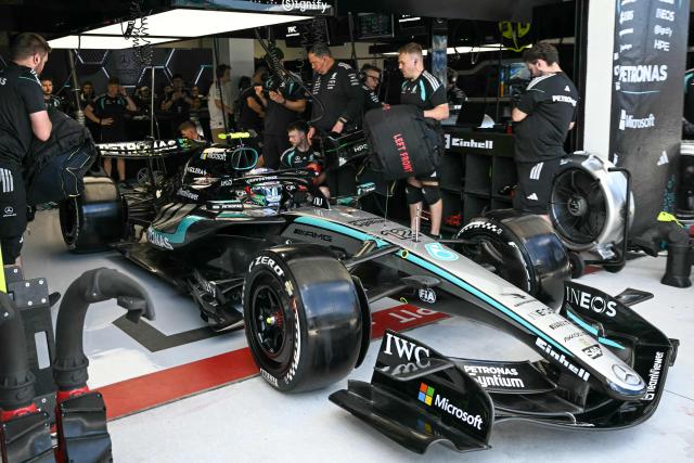 Mercedes' Italian driver Kimi Antonelli pulls out of his garage during a practice session for the 2026 Miami Formula One Grand Prix at Miami International Autodrome in Miami Gardens, Florida, on May 1, 2026. (Photo by CHANDAN KHANNA / AFP)