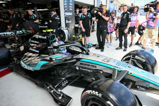 Mercedes' Italian driver Kimi Antonelli pulls out of his garage during a practice session for the 2026 Miami Formula One Grand Prix at Miami International Autodrome in Miami Gardens, Florida, on May 1, 2026. (Photo by CHANDAN KHANNA / AFP)