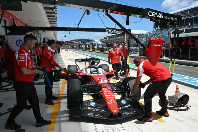 Ferrari's Monegasque driver Charles Leclerc stops in pit lane during a practice session for the 2026 Miami Formula One Grand Prix at Miami International Autodrome in Miami Gardens, Florida, on May 1, 2026. (Photo by CHANDAN KHANNA / AFP)