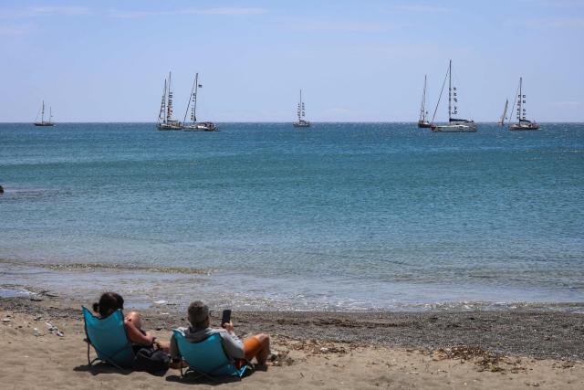 This photograph shows vessels from the Global Sumud Flotilla, intercepted by the Israeli Navy in international waters, outside the town of Ierapetra in the island of Crete, Greece, on May 1, 2026. (Photo by Costas METAXAKIS / AFP)
