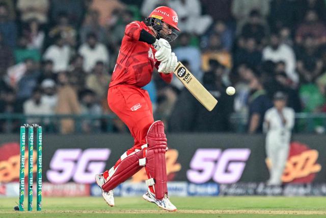 Islamabad United's New Zealand cricket player Mark Chapman plays a shot during the Pakistan Super League (PSL) Twenty20 second Eliminator match between Hyderabad Kingsmen and Islamabad United at the Gaddafi Stadium in Lahore on May 1, 2026. (Photo by Arif ALI / AFP)