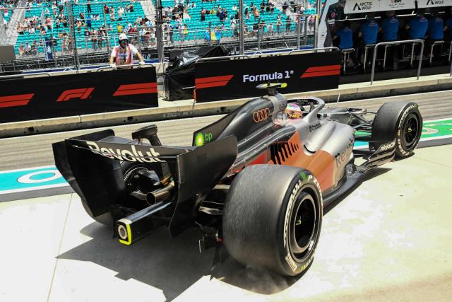 Audi's Brazilian driver Gabriel Bortoleto pulls out of his garage in pit lane during a practice session for the 2026 Miami Formula One Grand Prix at Miami International Autodrome in Miami Gardens, Florida, on May 1, 2026. (Photo by CHANDAN KHANNA / AFP)