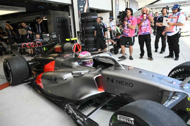 Audi's Brazilian driver Gabriel Bortoleto pulls out of his garage in pit lane during a practice session for the 2026 Miami Formula One Grand Prix at Miami International Autodrome in Miami Gardens, Florida, on May 1, 2026. (Photo by CHANDAN KHANNA / AFP)