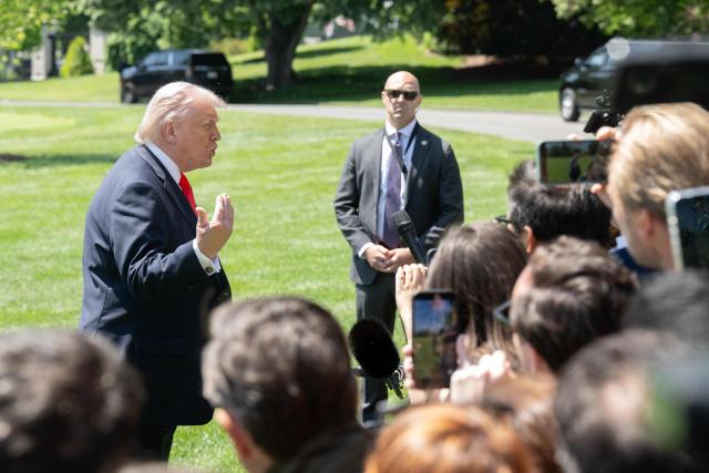 US President Donald Trump speaks with the media prior to departing from the South Lawn of the White House in Washington, DC, May 1, 2026. Trump is going to Florida to speak at an event at The Villages and to attend the Forum Club of the Palm Beaches dinner. (Photo by SAUL LOEB / AFP)