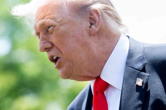US President Donald Trump speaks with the media prior to departing from the South Lawn of the White House in Washington, DC, May 1, 2026. Trump is going to Florida to speak at an event at The Villages and to attend the Forum Club of the Palm Beaches dinner. (Photo by SAUL LOEB / AFP)