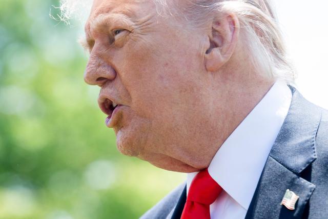 US President Donald Trump speaks with the media prior to departing from the South Lawn of the White House in Washington, DC, May 1, 2026. Trump is going to Florida to speak at an event at The Villages and to attend the Forum Club of the Palm Beaches dinner. (Photo by SAUL LOEB / AFP)