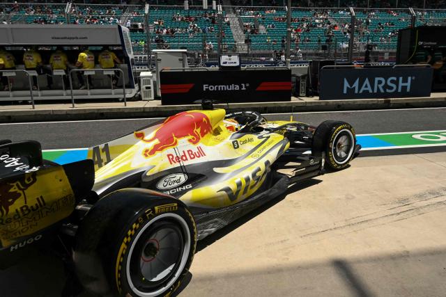 Racing Bulls' British driver Arvid Lindblad pulls out of his garage in pit lane during a practice session for the 2026 Miami Formula One Grand Prix at Miami International Autodrome in Miami Gardens, Florida, on May 1, 2026. (Photo by CHANDAN KHANNA / AFP)