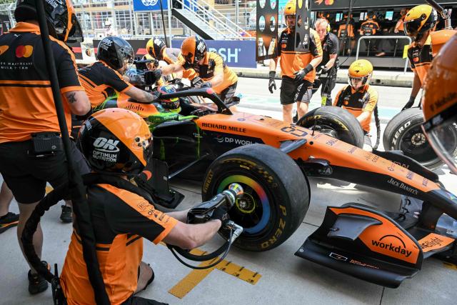 McLaren's Australian driver Oscar Piastri makes a pit stop during a practice session for the 2026 Miami Formula One Grand Prix at Miami International Autodrome in Miami Gardens, Florida, on May 1, 2026. (Photo by CHANDAN KHANNA / AFP)