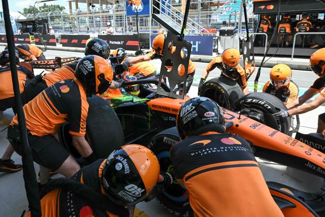 TOPSHOT - McLaren's Australian driver Oscar Piastri makes a pit stop during a practice session for the 2026 Miami Formula One Grand Prix at Miami International Autodrome in Miami Gardens, Florida, on May 1, 2026. (Photo by CHANDAN KHANNA / AFP)