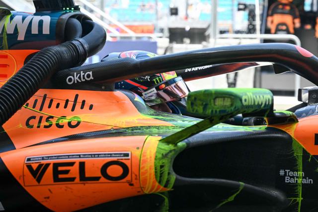 McLaren's Australian driver Oscar Piastri makes a pit stop during a practice session for the 2026 Miami Formula One Grand Prix at Miami International Autodrome in Miami Gardens, Florida, on May 1, 2026. (Photo by CHANDAN KHANNA / AFP)